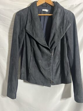 Vince Jacket Woman's L Dark Gray Goat Suede Leather Biker Zip Moto Scuba Aviator